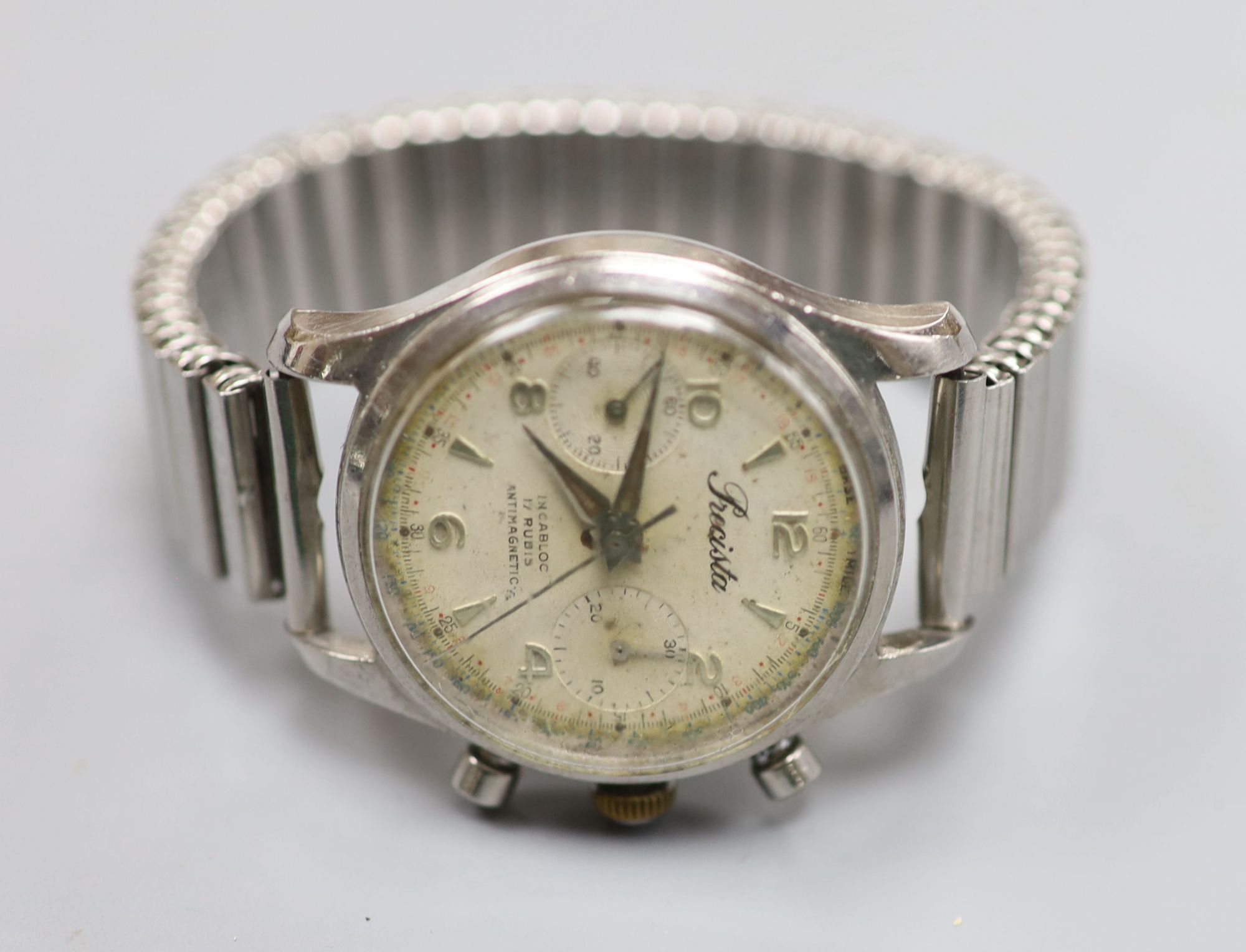 A gentlemans stainless steel Precista chronograph manual wind wrist watch, case diameter 33mm ex, crown,